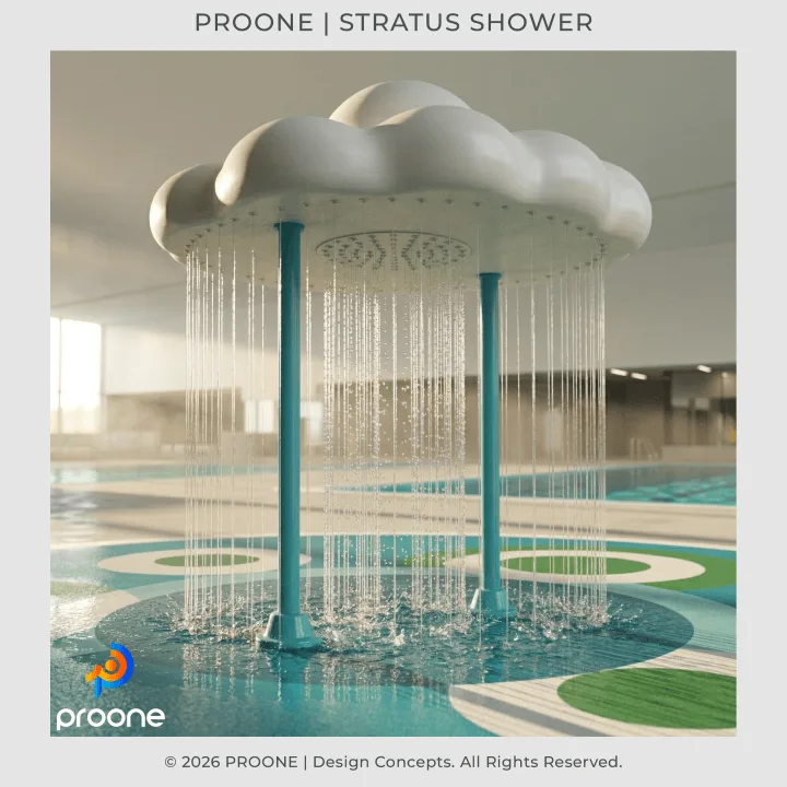 Rendered Stratus Shower concept integrated into a themed aquatic environment
